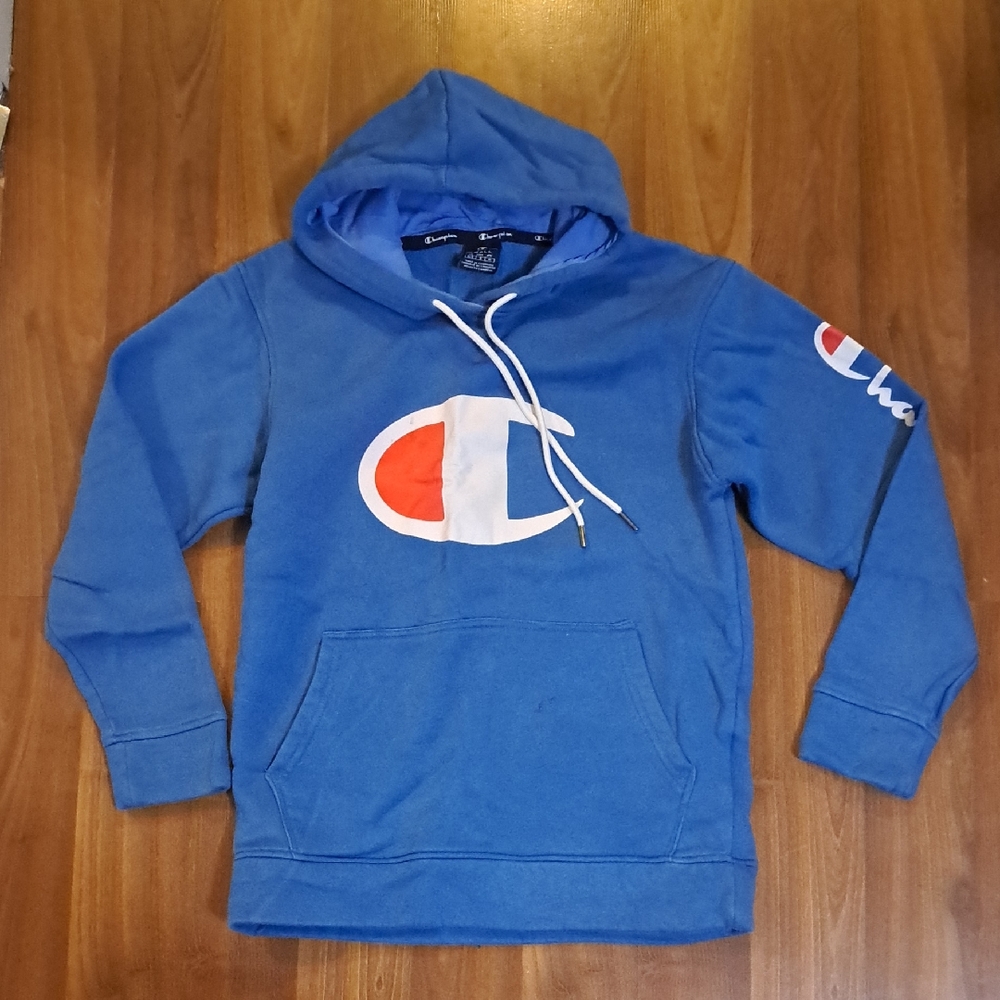 Champion Blue Hoodie with Red and White Logo